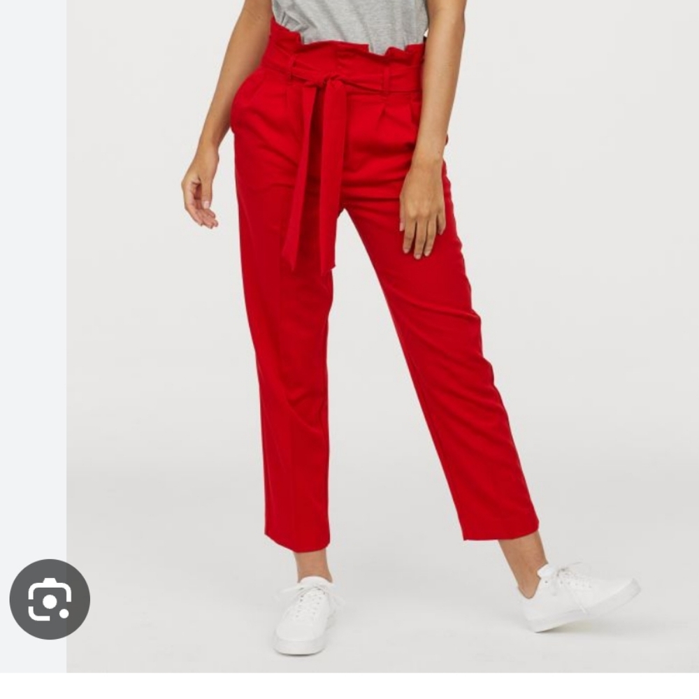 Red paperbag straight leg pants